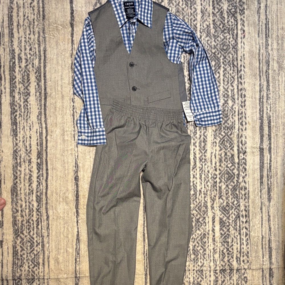 Izod Boys Gray Vest and Pants with Blue Gingham Shirt